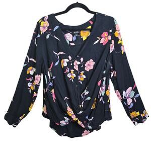 a.n.a. A New Approach Top Womens XL Black Dark Floral Long Sleeve Twist Front